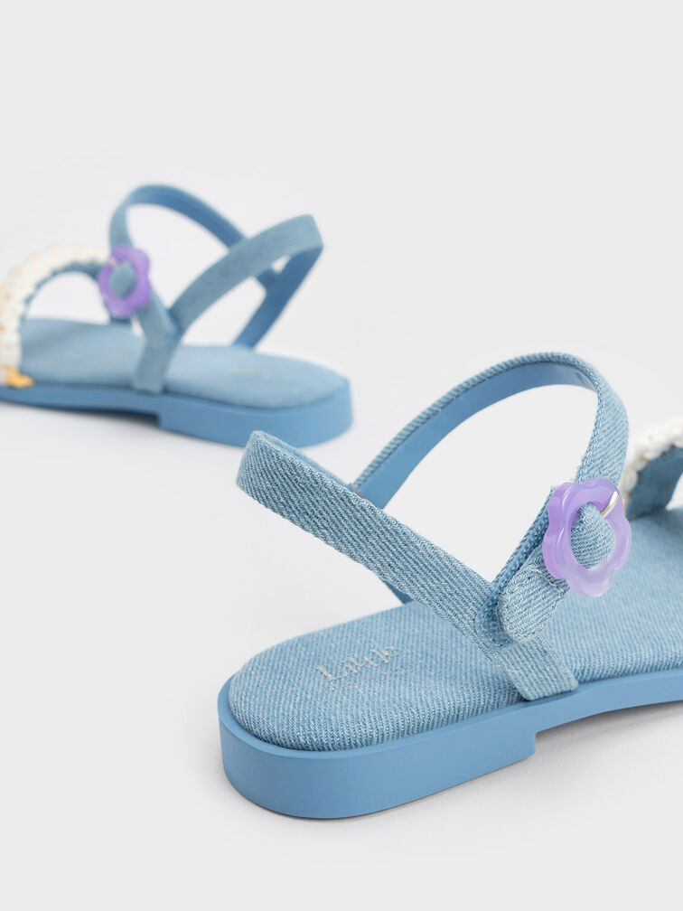 Girls' Floral Denim Sandals, Light Blue, hi-res