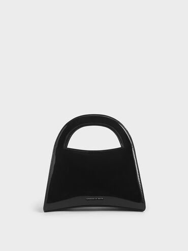 Patent Double Top Handle Handbag, Black, hi-res