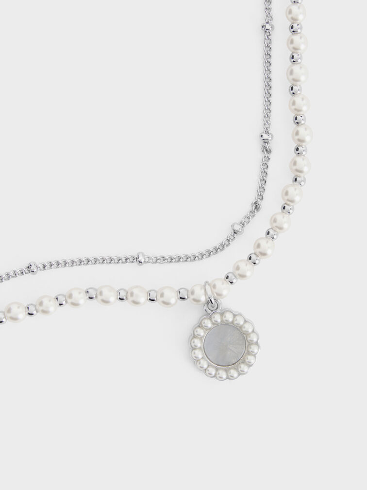 Pearl & Gemstone Double-Chain Necklace, Light Blue, hi-res