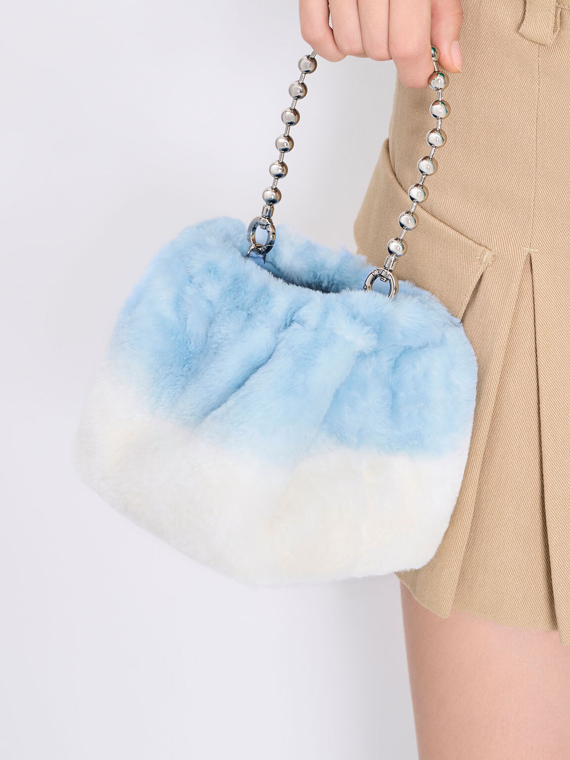 Aldora Beaded Handle Furry Bucket Bag, Light Blue, hi-res