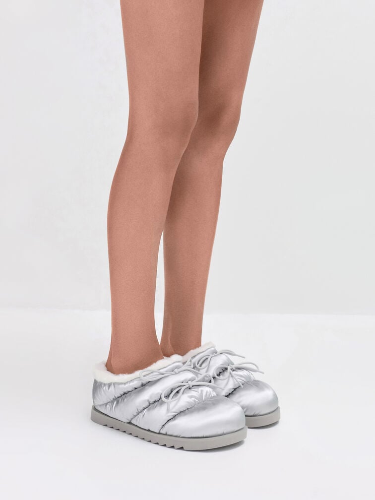 Egan Nylon Puffy Mules, Silver, hi-res