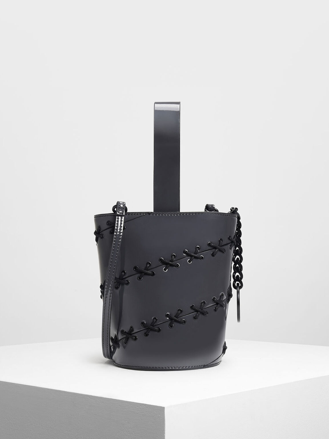 Lacing Detail Bucket Bag, Grey, hi-res