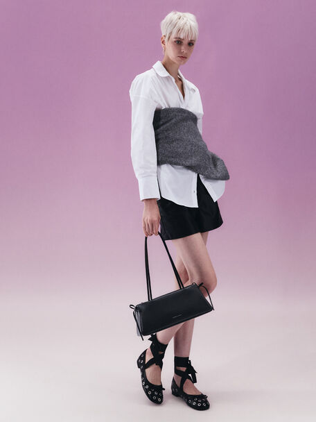 Hazel Bow Elongated Trapeze Shoulder Bag, Noir, hi-res