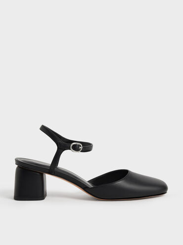 Round Toe Ankle-Strap Pumps, Black, hi-res