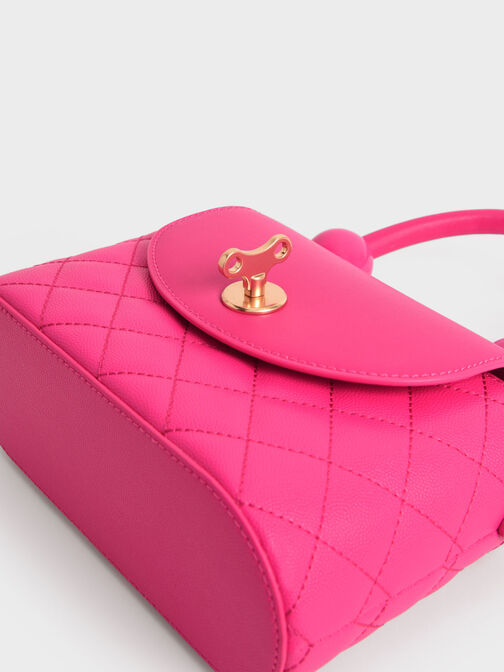 Round Quilted Top Handle Bag, Fuchsia, hi-res