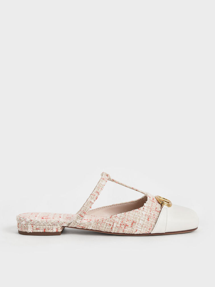 Metallic Accent Cut-Out Tweed Flat Mules, Cream, hi-res