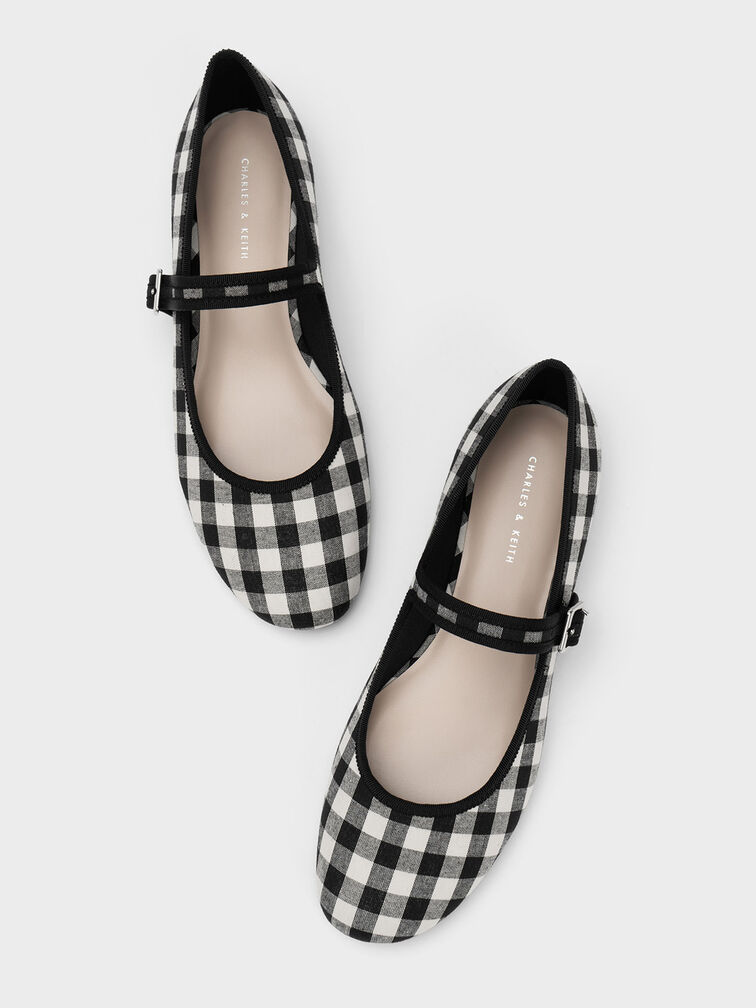 Black Textured Checkered Buckled Mary Jane Flats - CHARLES & KEITH AU