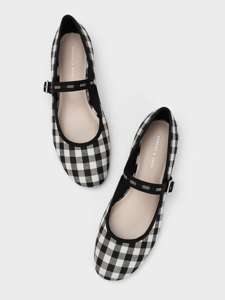 Checkered Buckled Mary Jane Flats, Black Textured, hi-res