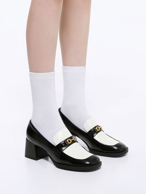 Two-Tone Metallic Accent Block Heel Loafer Pumps, Multi, hi-res