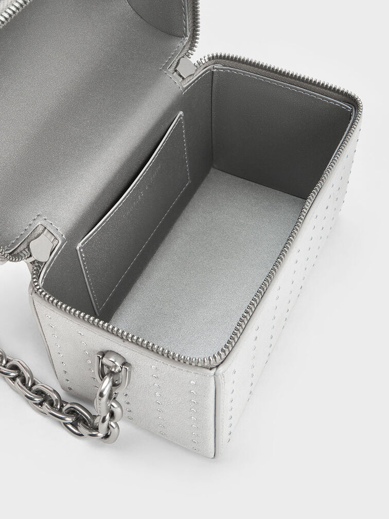 Padded Handle Textured Crossbody Bag, Silver, hi-res