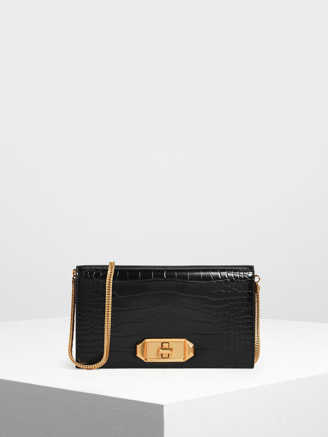 Black Textured Croc Effect Turn Lock Wallet Charles Keith Sg