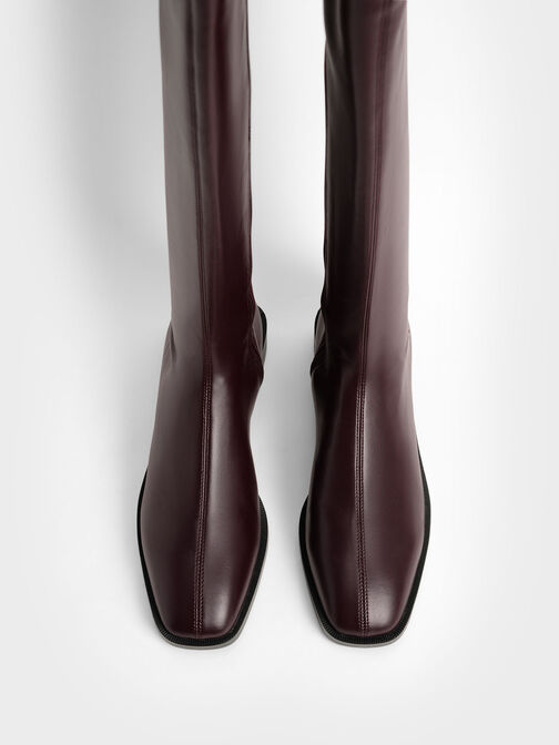 Knee High Flat Boots, Burgundy, hi-res