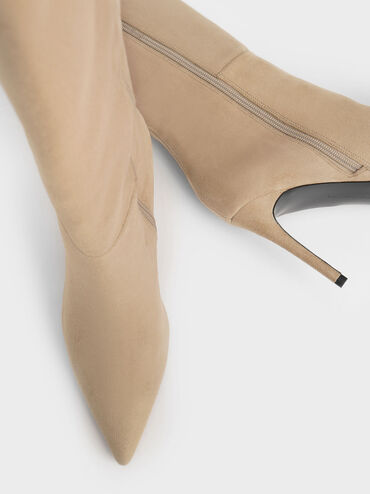 Textured Stiletto Heel Knee-High Boots, Beige, hi-res