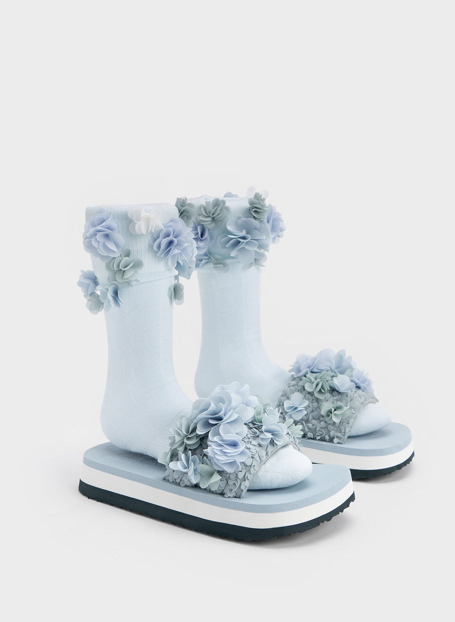 Floral Mesh Flatform Sandals, Light Blue, hi-res