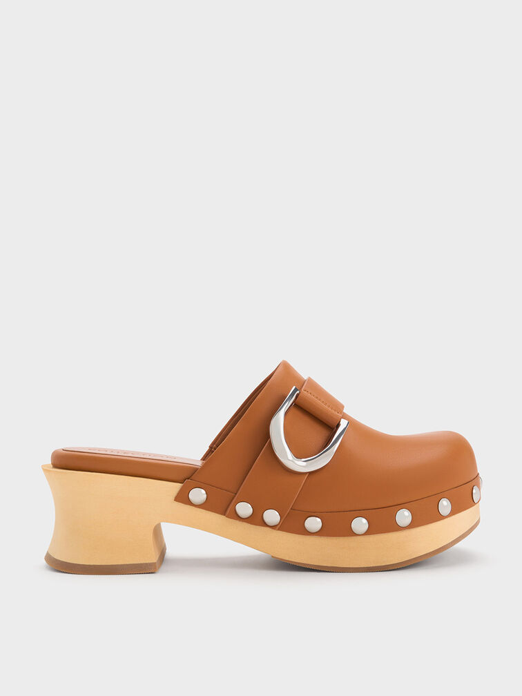 Gabine Studded Leather Clogs, Brown, hi-res