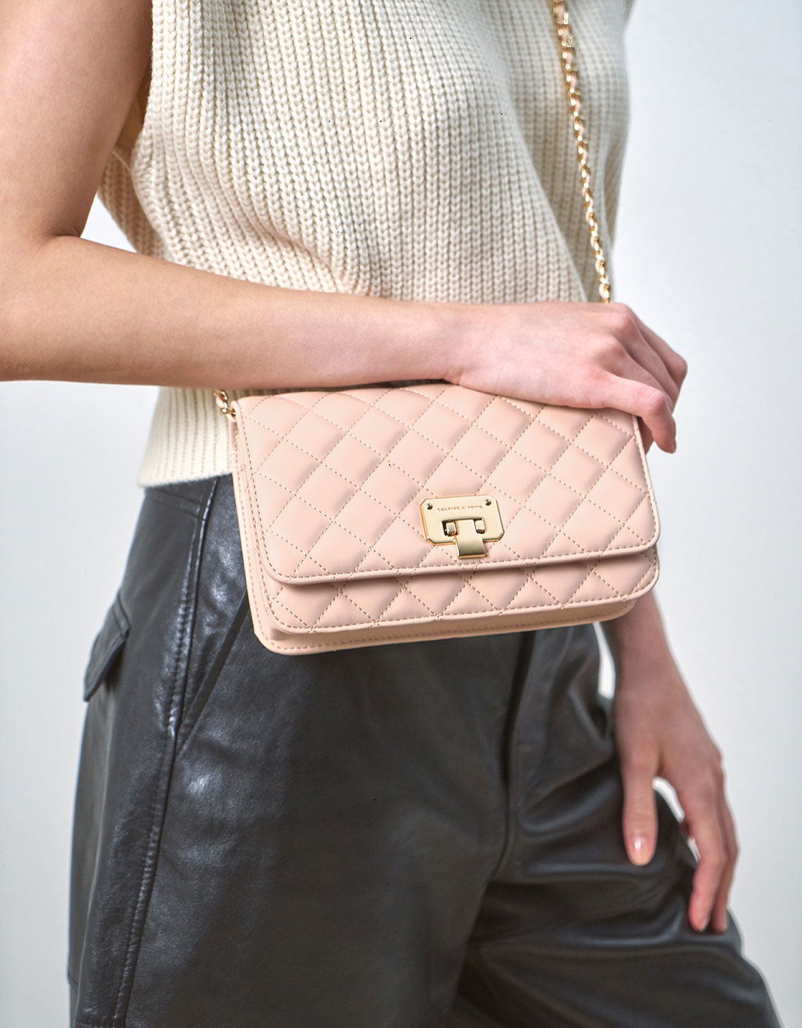 Quilted Flip Lock Clutch Nude