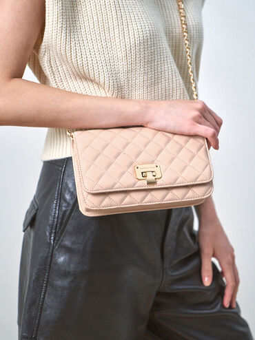 Nude Quilted Flip-Lock Clutch - CHARLES & KEITH TW
