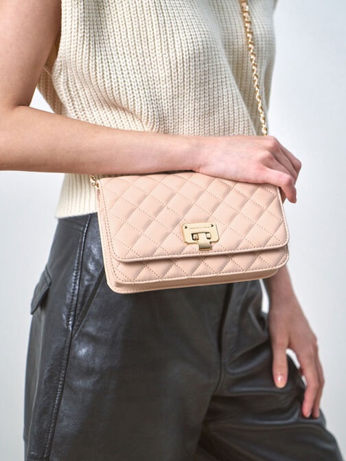 Quilted Flip-Lock Clutch, Nude, hi-res