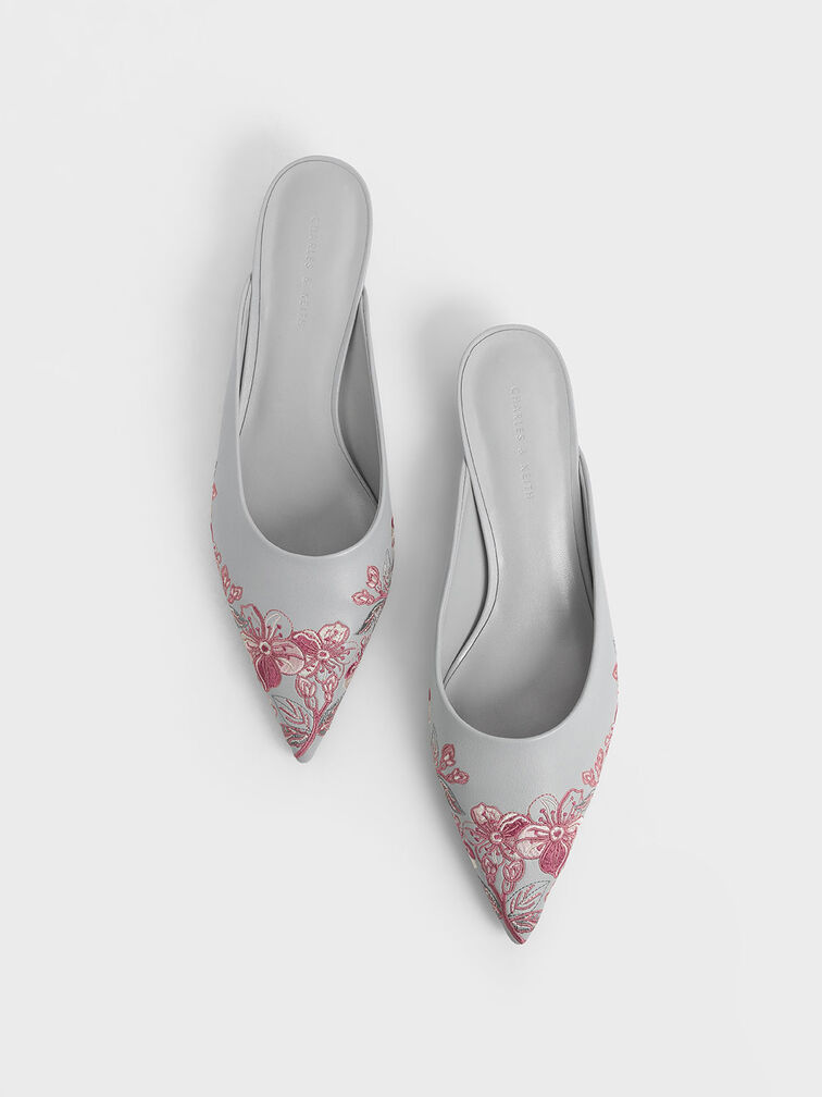 Embroidered Floral Mules, Grey, hi-res