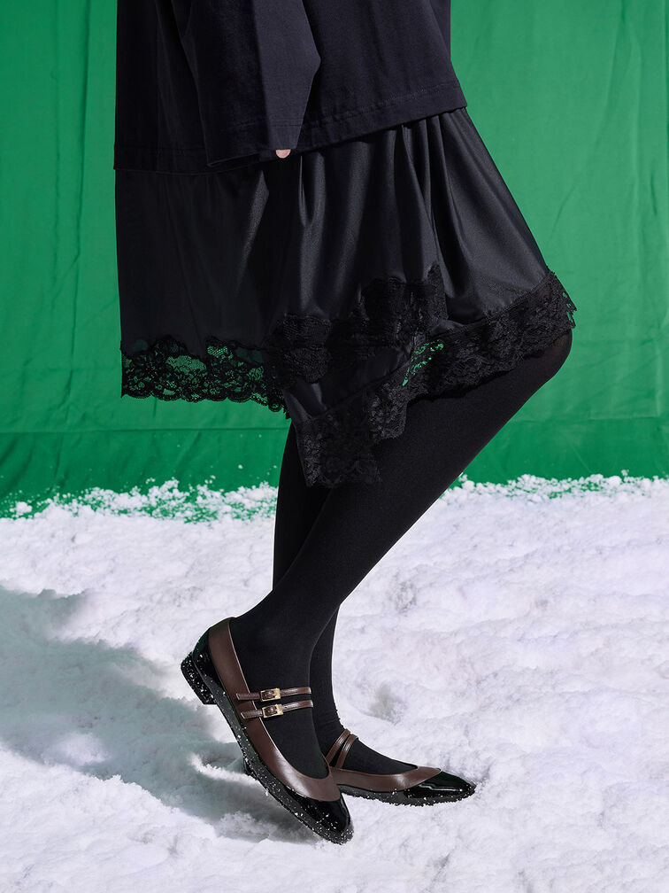 Leather & Patent Double-Strap Mary Jane Flats, Dark Brown, hi-res