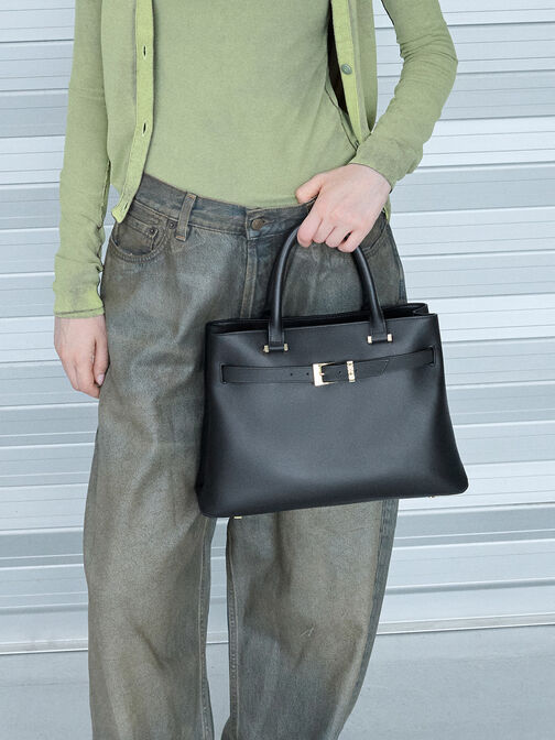 Voyager Leather Belted Trapeze Tote Bag, Black, hi-res