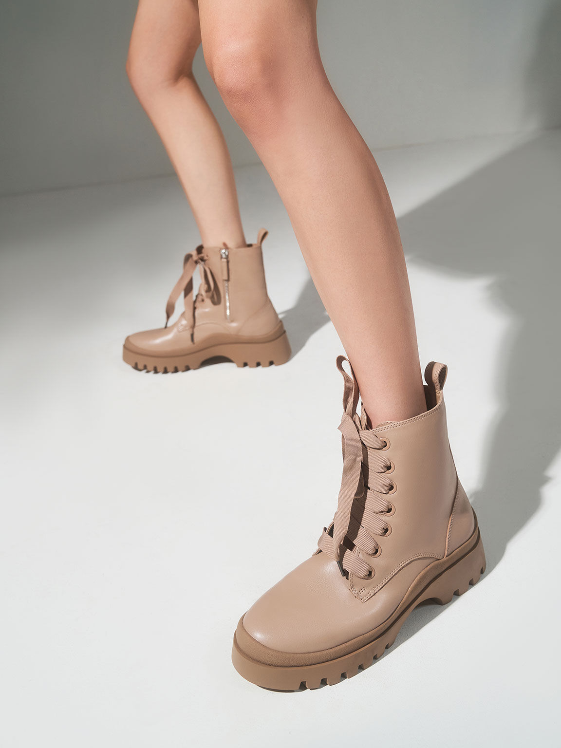 mouggan Collection: Lace-Up Cleated Sole Ankle Boots, Beige, hi-res