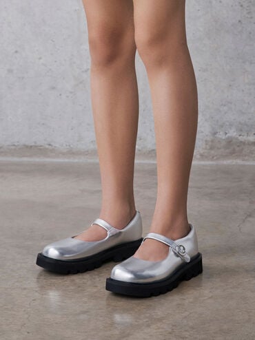 Girls' Metallic Platform Mary Janes, Silver, hi-res