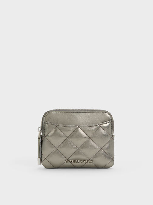 Alva Metallic Quilted Top-Zip Card Holder, Pewter, hi-res