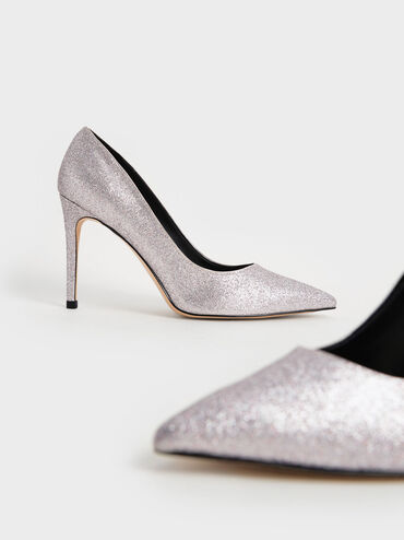 Glitter Stiletto Pumps, Silver, hi-res