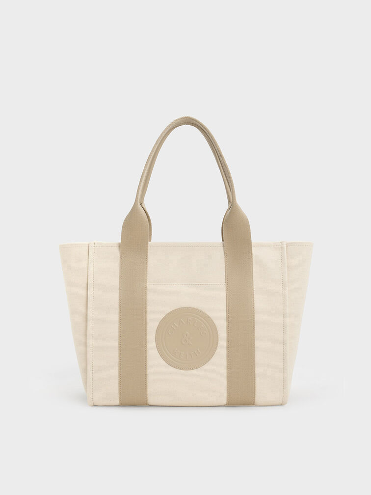 Large Kay Canvas Contrast-Trim Tote Bag, Taupe, hi-res