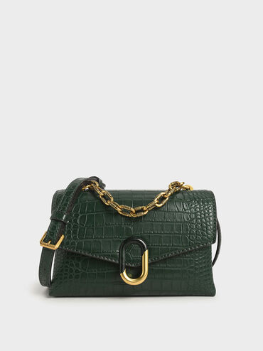 Croc-Effect Chunky Chain Strap Trapeze Bag, Green, hi-res