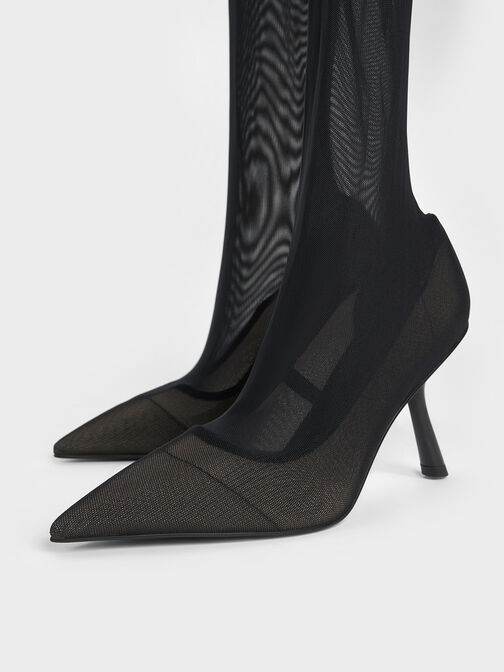 Zapatos de malla con punta estrecha y tacón inclinado, Negro texturizado, hi-res