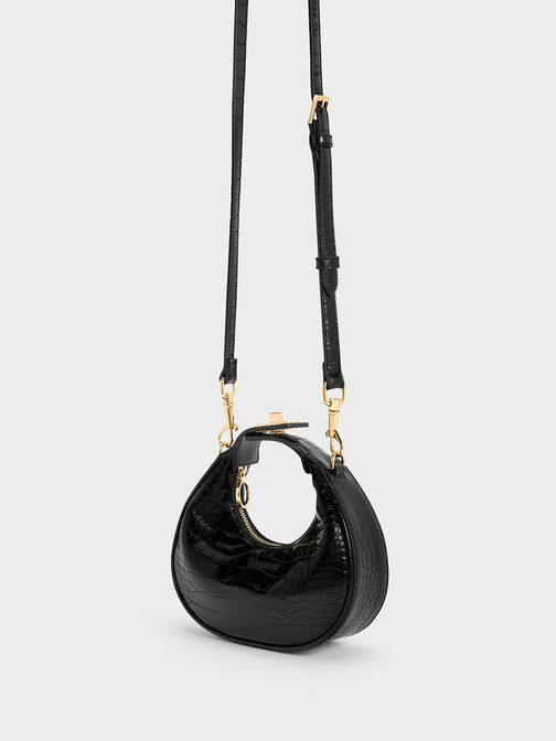 Mini Croc-Effect Moon Bag, Black, hi-res