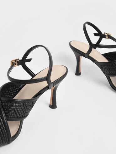 Woven Crossover Slingback Sandals, Black, hi-res