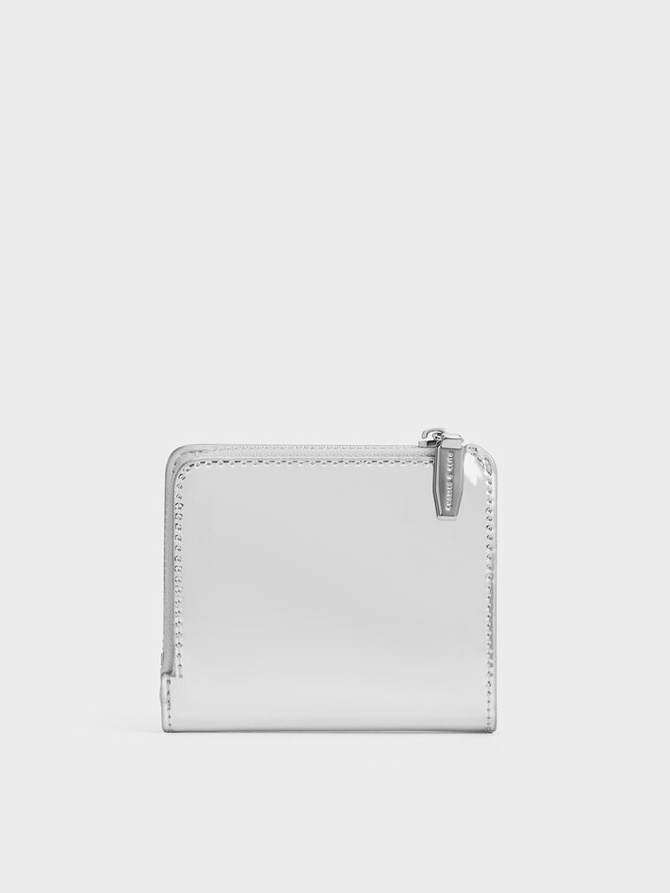 Cartera pequeña efecto metálico con cremallera superior, Plateado, hi-res