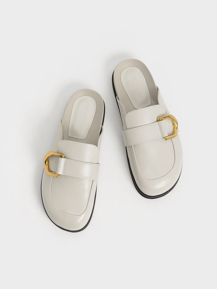 Chalk Gabine Buckled Leather Loafer Mules - CHARLES & KEITH US