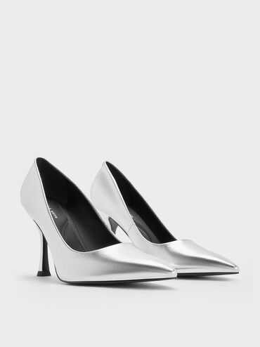 Metallic Pointed-Toe Spool-Heel Pumps, Silver, hi-res