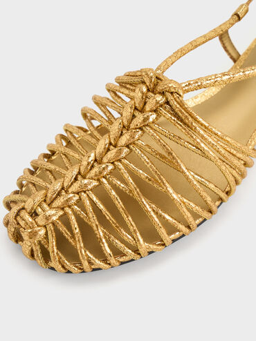 Metallic Woven Slingback Caged Sandals, Dorado, hi-res