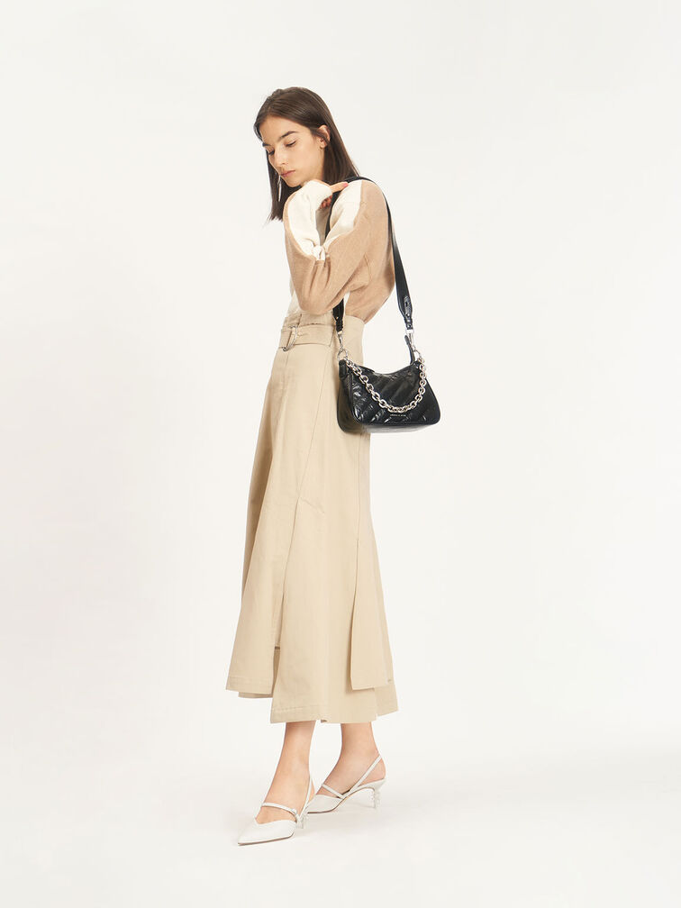 Panelled Chain Handle Crossbody Bag, Black, hi-res