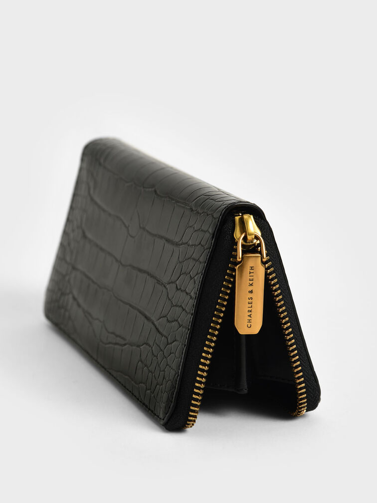 Croc-Effect Long Wallet, Black, hi-res