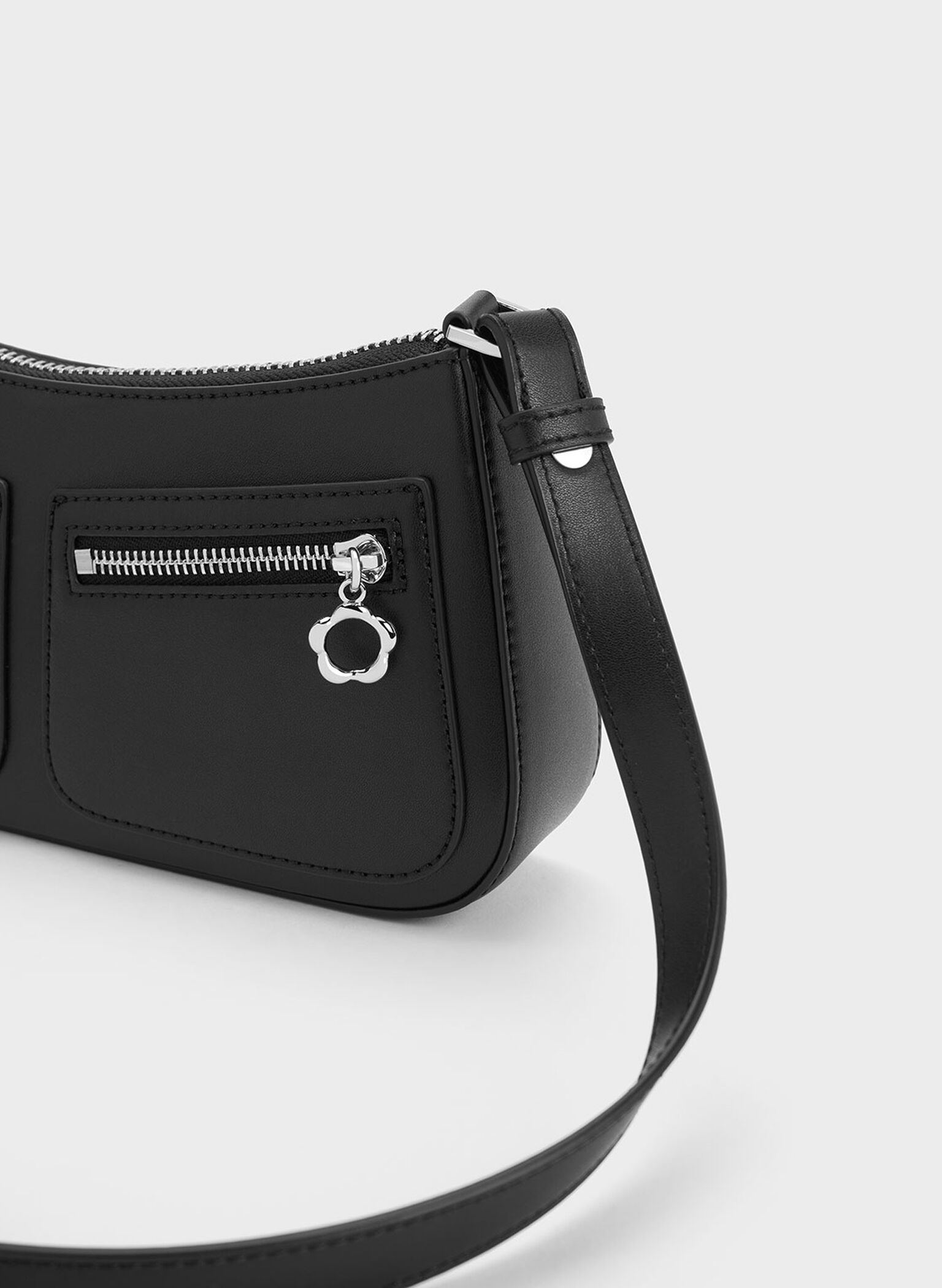 Black Flower-Embellished Shoulder Bag - CHARLES & KEITH US