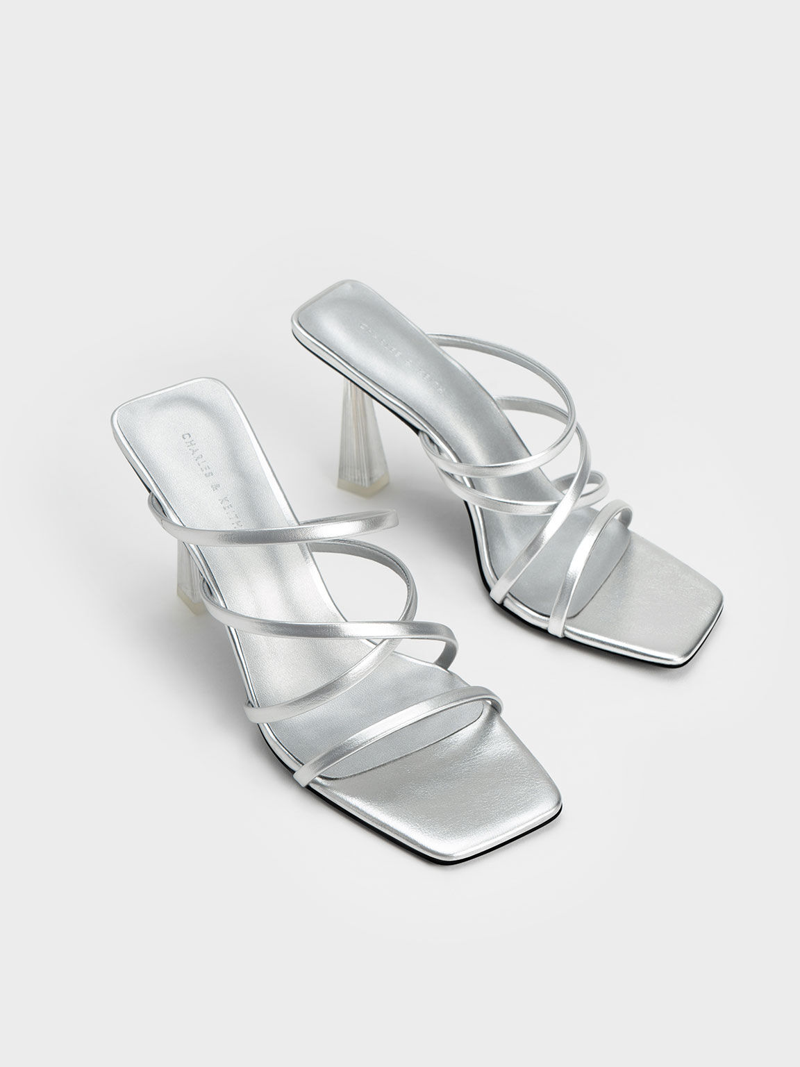 Transparent Heel Strappy Mules, Silver, hi-res