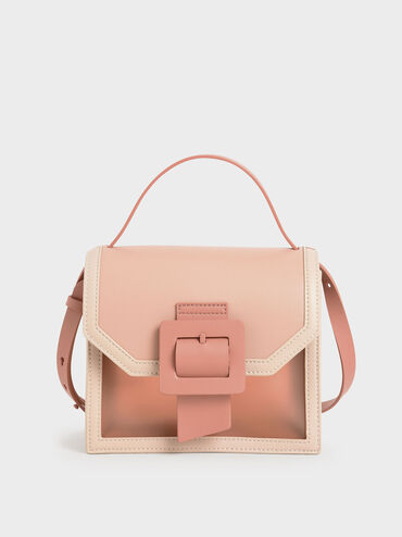 See-Through Effect Buckled Bag, Nude, hi-res