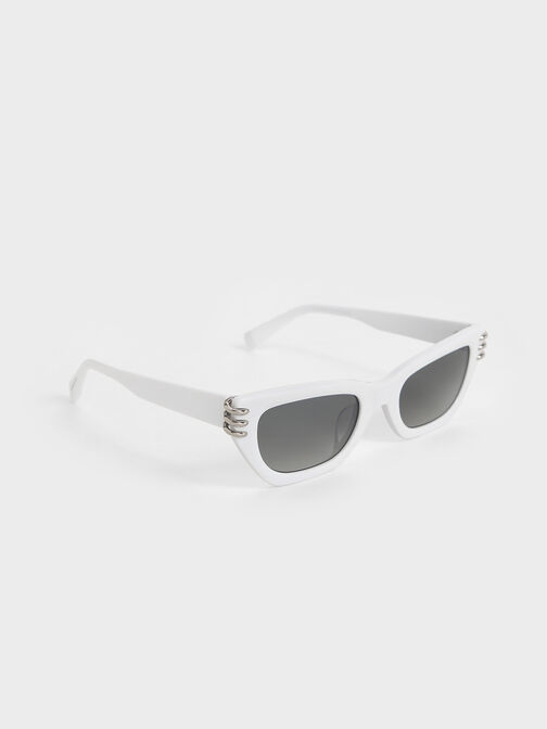 Recycled Acetate Metallic-Accent Angular Cat-Eye Sunglasses, White, hi-res