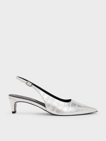 Croc-Effect Pointed-Toe Kitten-Heel Slingback Pumps, Animal Print Silver, hi-res