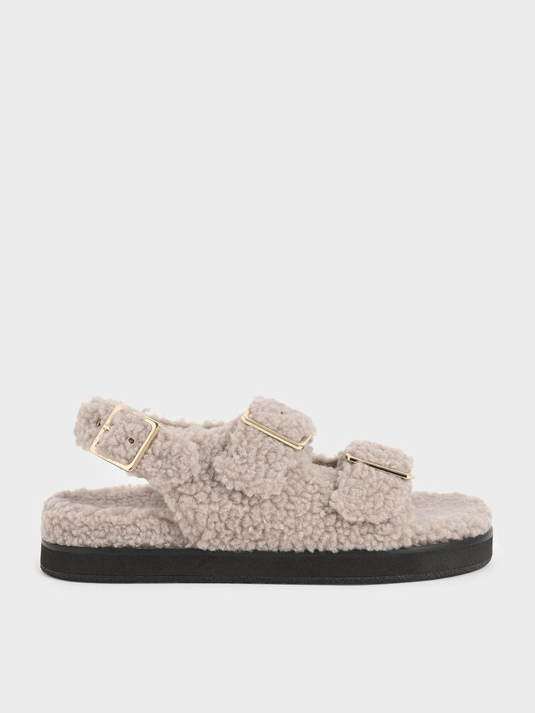 Recycled PET - Furry Platform Sandals, Taupe, hi-res