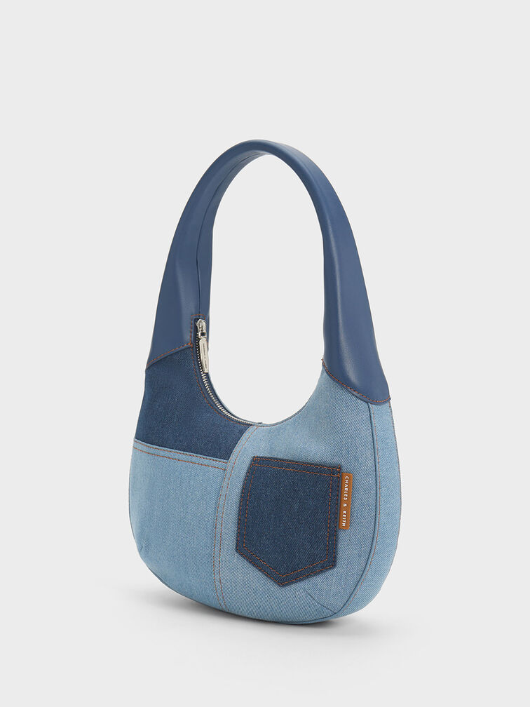 Bolso hobo curvo Anthea de mezclilla con detalle de puntadas, Azul mezclilla, hi-res