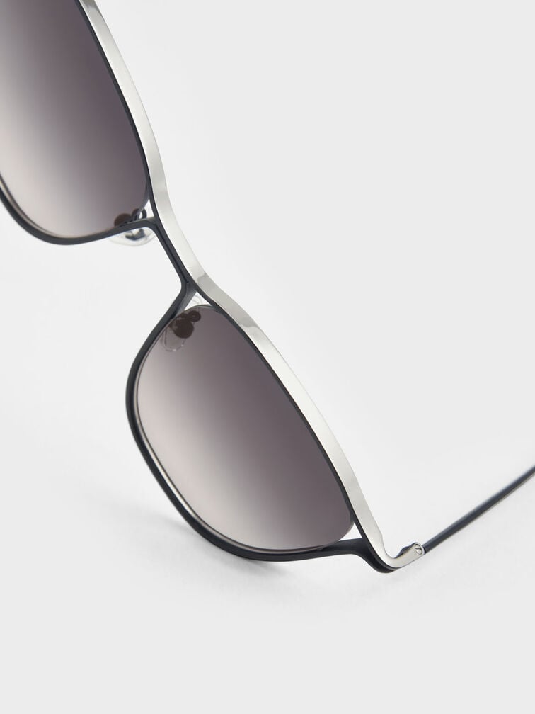 Lunettes de soleil papillon à monture métallique bicolore, Noir, hi-res