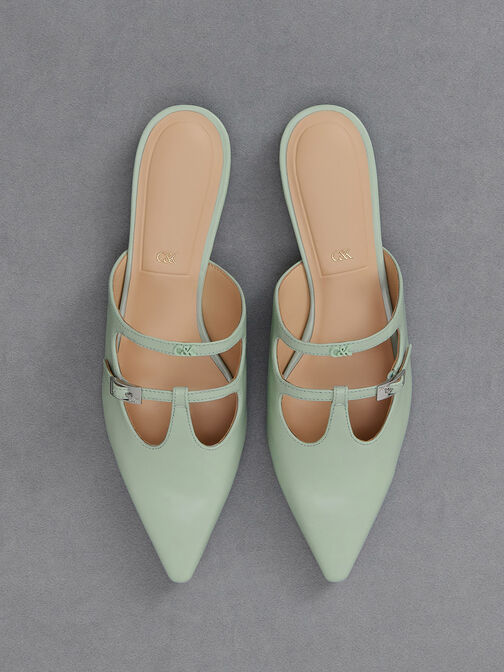 Leather T-Bar Double-Strap Mules, Mint Green, hi-res