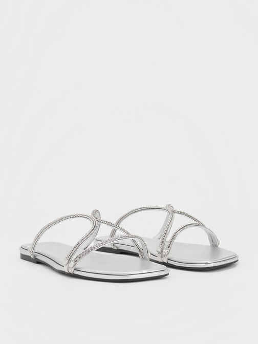 Metallic Braided Strappy Sandals, Silver, hi-res